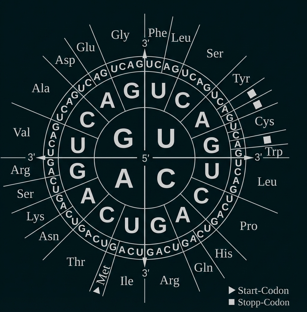 Codon-Rad des genetischen Codes mit RNA-Basen (A U G C), Aminosäuren sowie Start- und Stoppcodons.